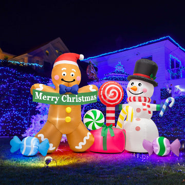8FT Christmas Inflatable Decorations, Blow Up Gingerbread Man and Snowman