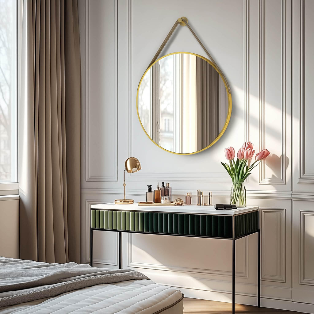 Hanging Strap Wall Mirror: 31.5in Round Bathroom Mirror Gold Frame