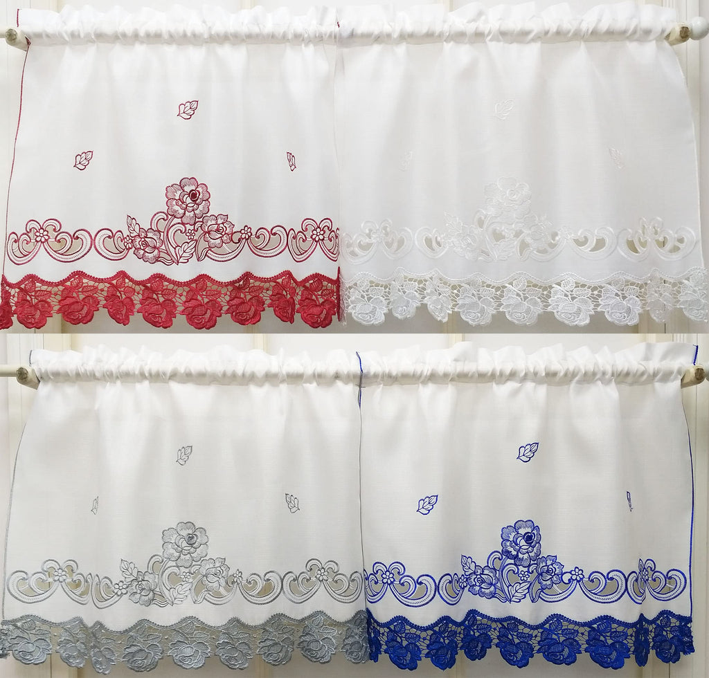 Lace Rosarium Kitchen Curtains, 3PCS Kitchen Curtains and Valances Set, Elegant White Fabric with Rose Embroidery and