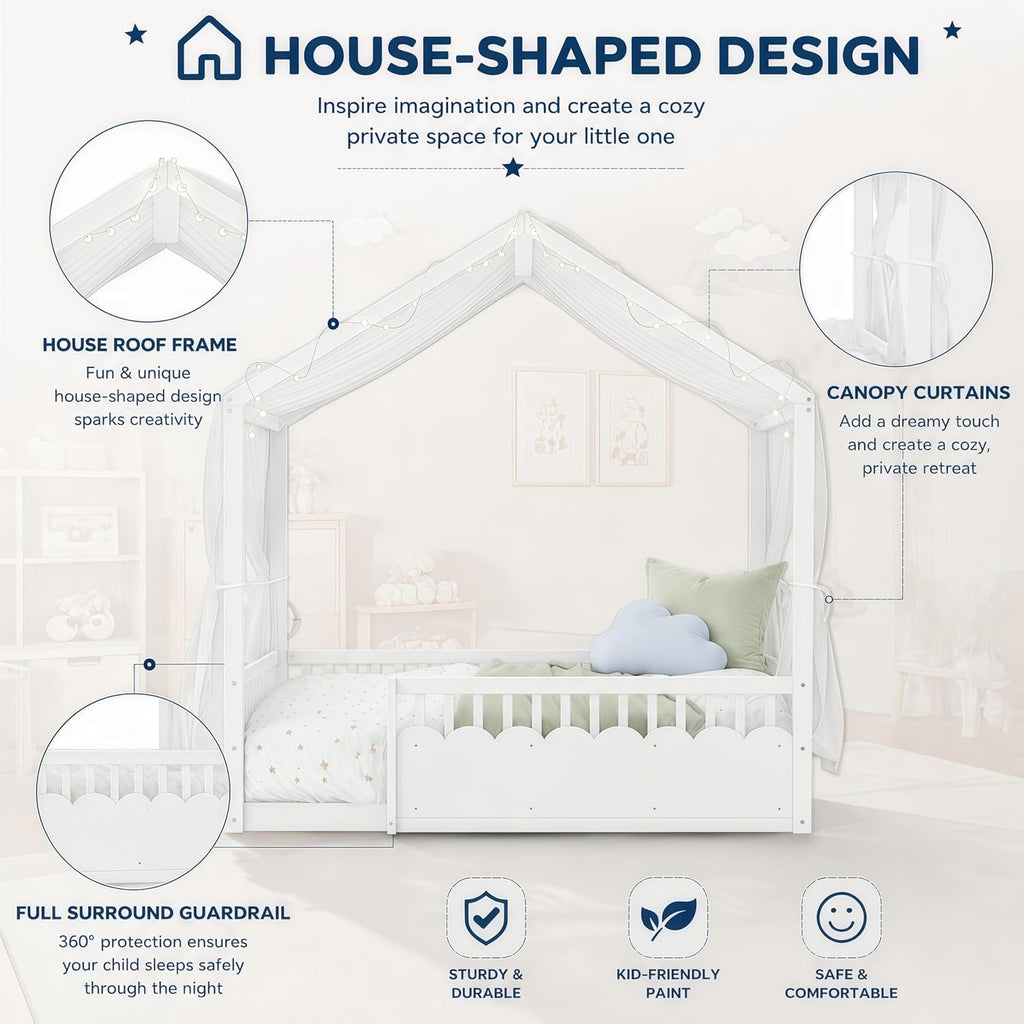 Floor Bed Frame, Wooden Canopy House Bed Frame, White