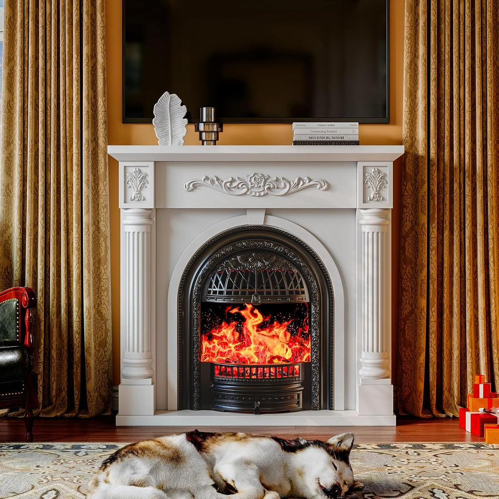 45 Inch Electric Fireplace with Mantel, Solid Wood Fireplace TV Stand, Roman Column Fireplace Entertainment Center