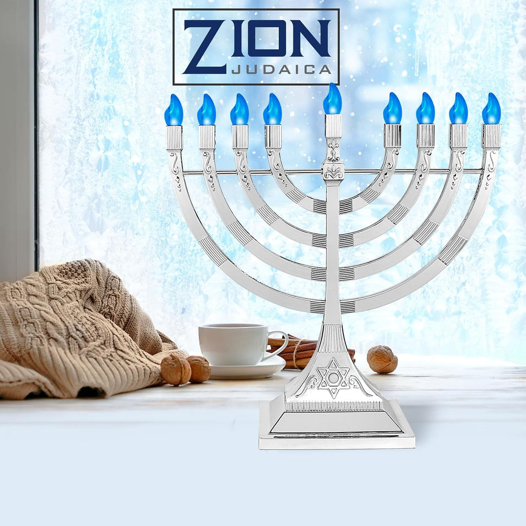 Zion Judaica 12" LED Chanukah with Flame Shaped LED Bulbs Electric USB Powered or Batteries Electronic Minorah - 4'