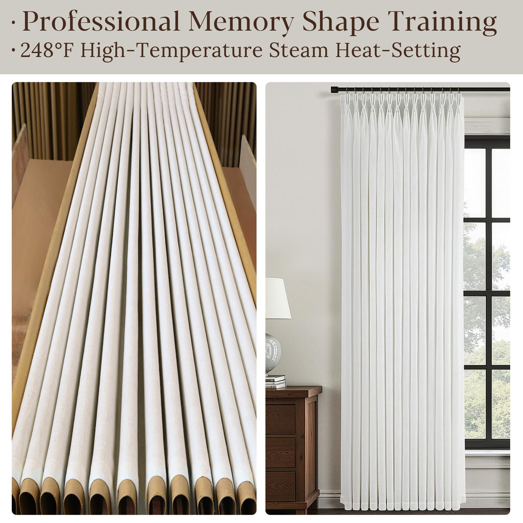 Beige White Triple Pinch Pleated Curtains 90 Inch 2 Panels Bedroom Memory Shape Trained Pleated Linen Drapes Ivory