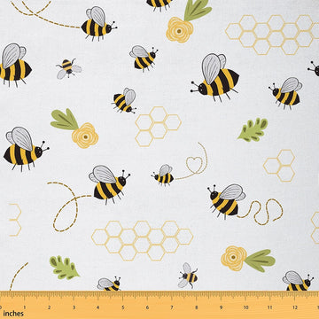 Cute Bee Fabric by The Yard Cartoon Wild Animal Outdoor Flowers Plants No Stretch Fabric Yellow Geometric Hexagon