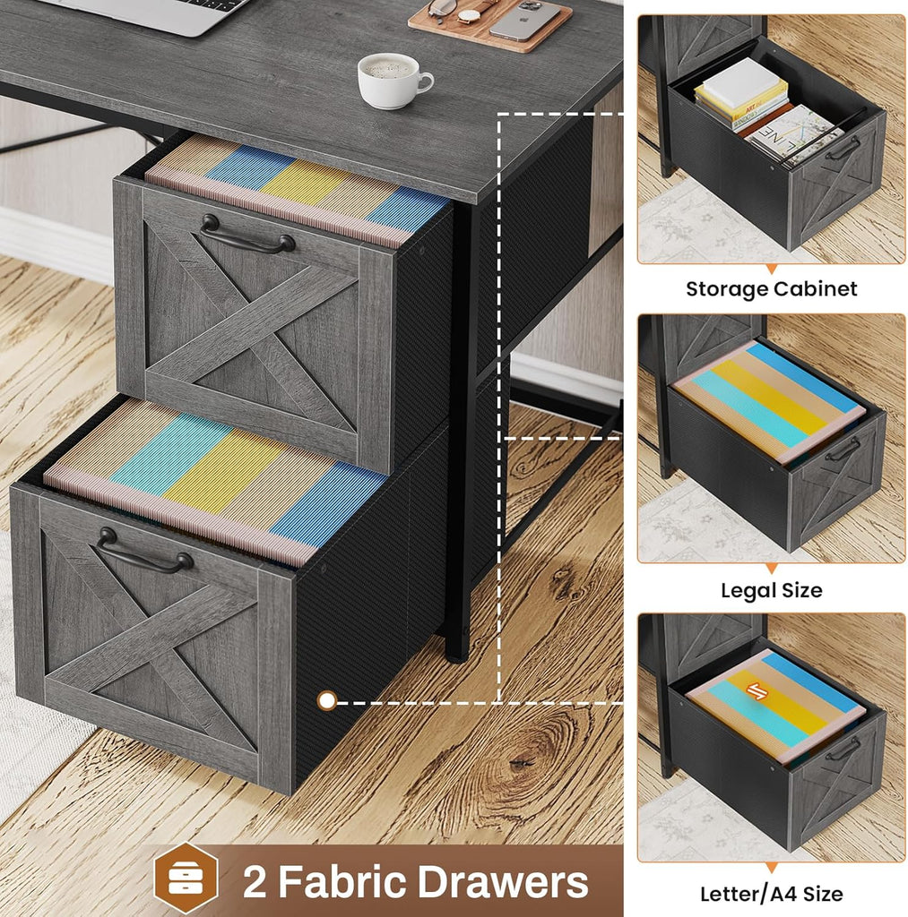L Shaped Gaming Desk, Reversible Computer Desk with Fabric Drawers and Power Outlet, Gaming Desk with Led Lights