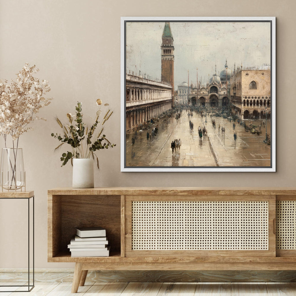 Framed Canvas Print Wall Classic European Cityscape Architecture Illustrations Modern Relax/Calm Warm - 24"x24" WHITE