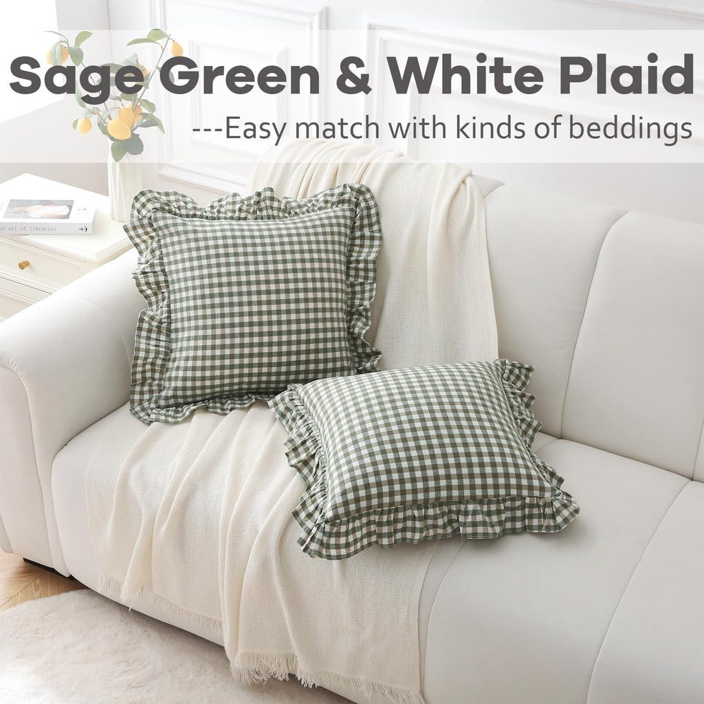 2 Pack Sage Green Gingham Ruffle Throw Pillow Covers 18''x18''