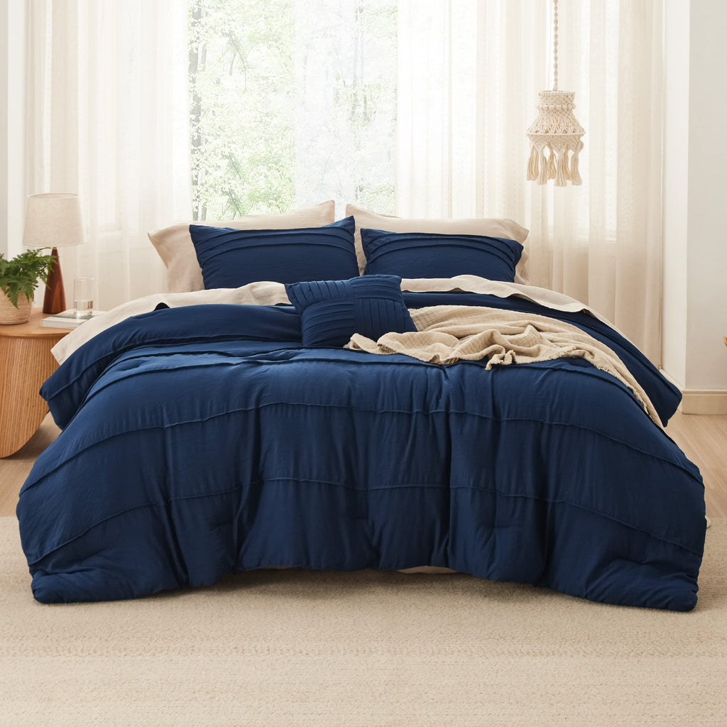 Comforter Set 4 Piece, Navy Boho, Pinch Pleat, All-Season