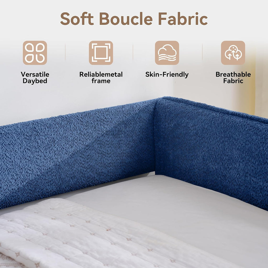 Queen Size Daybed Frame with 2 Storage Drawers, Boucle Upholstered Daybed, Tufted Corner Day Bed with Wood Slats