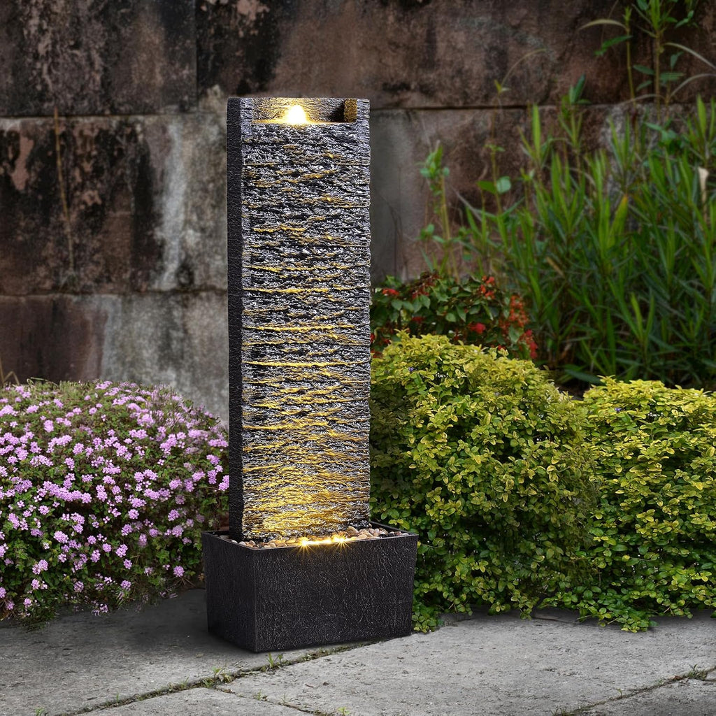 Water Fountain Outdoor, Floor Standing LED Illuminated Water Flow Elegant Water Fountain Pump 38.5" with Pebble Base