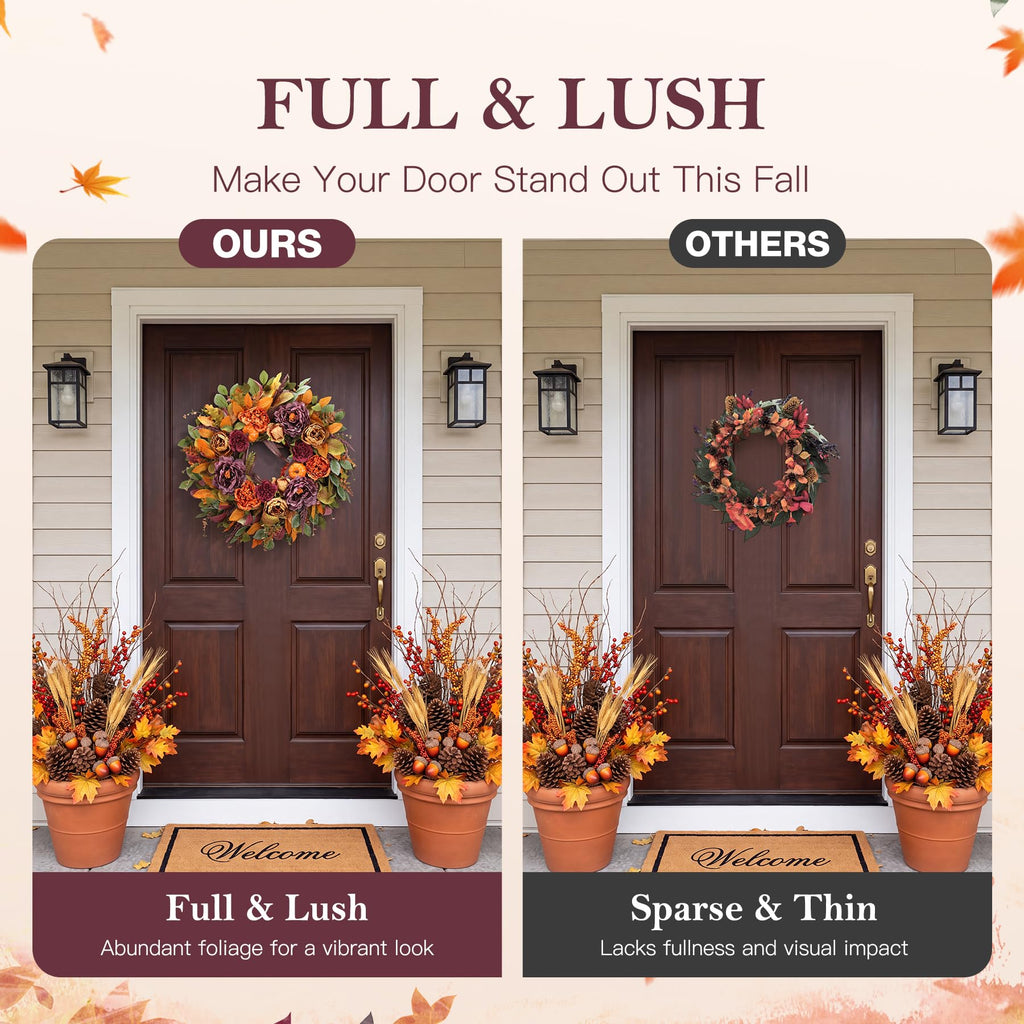 26 Inch Fall Wreath for Front Door, Large Autumn Harvest Wreath with Purple Peony, Pumpkin & Berries, Full and Lush
