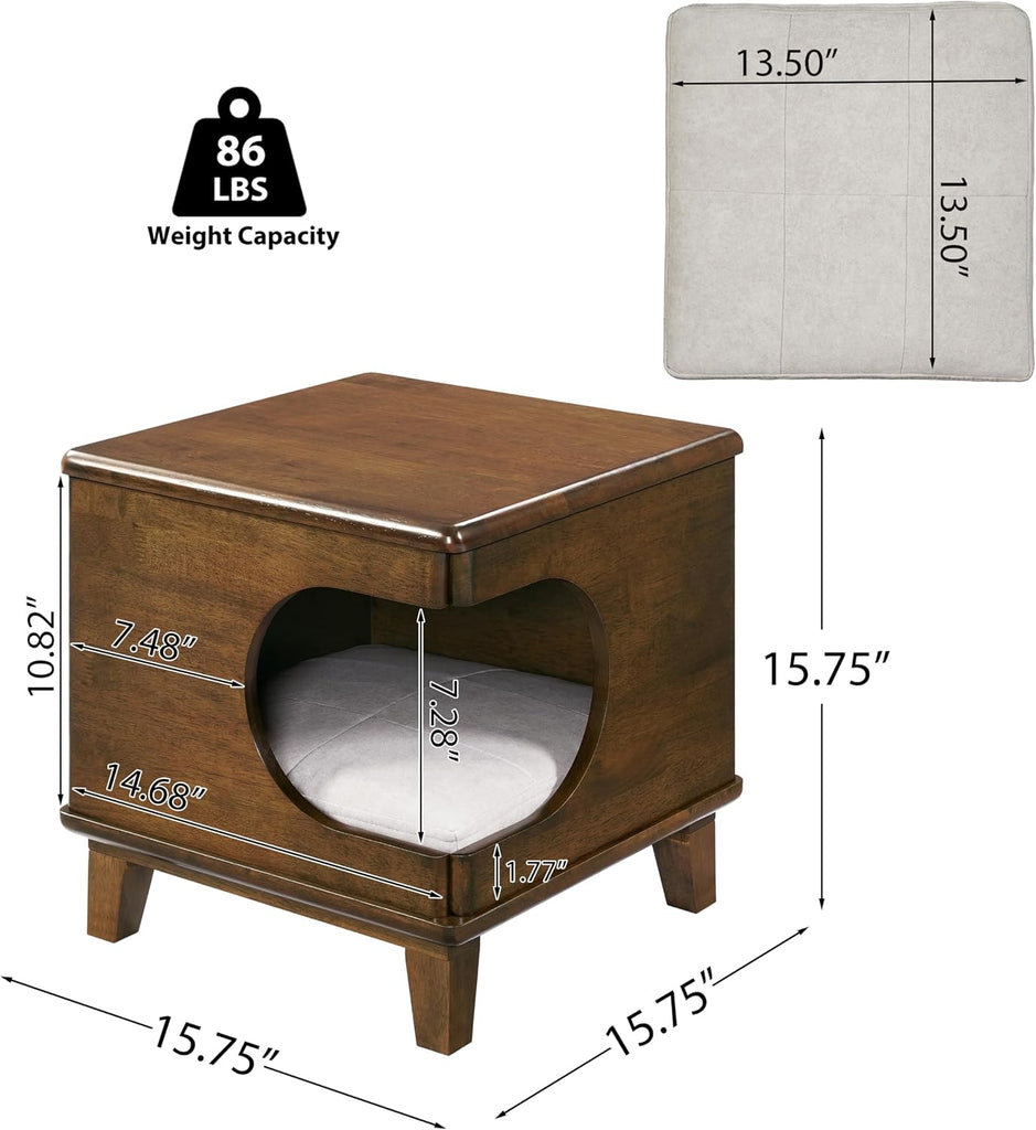 Beryl Rubber Wood 2-in-1 Cat House End Table with Cushion, Multi-Functional Pet Side Table Cat Cave Nightstand