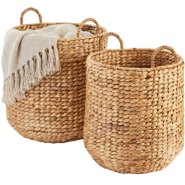 2-Piece Round Nesting Baskets W/Handles, Handwoven Water Hyacinth, Plant Holder, Laundry Basket, Storage Organizer