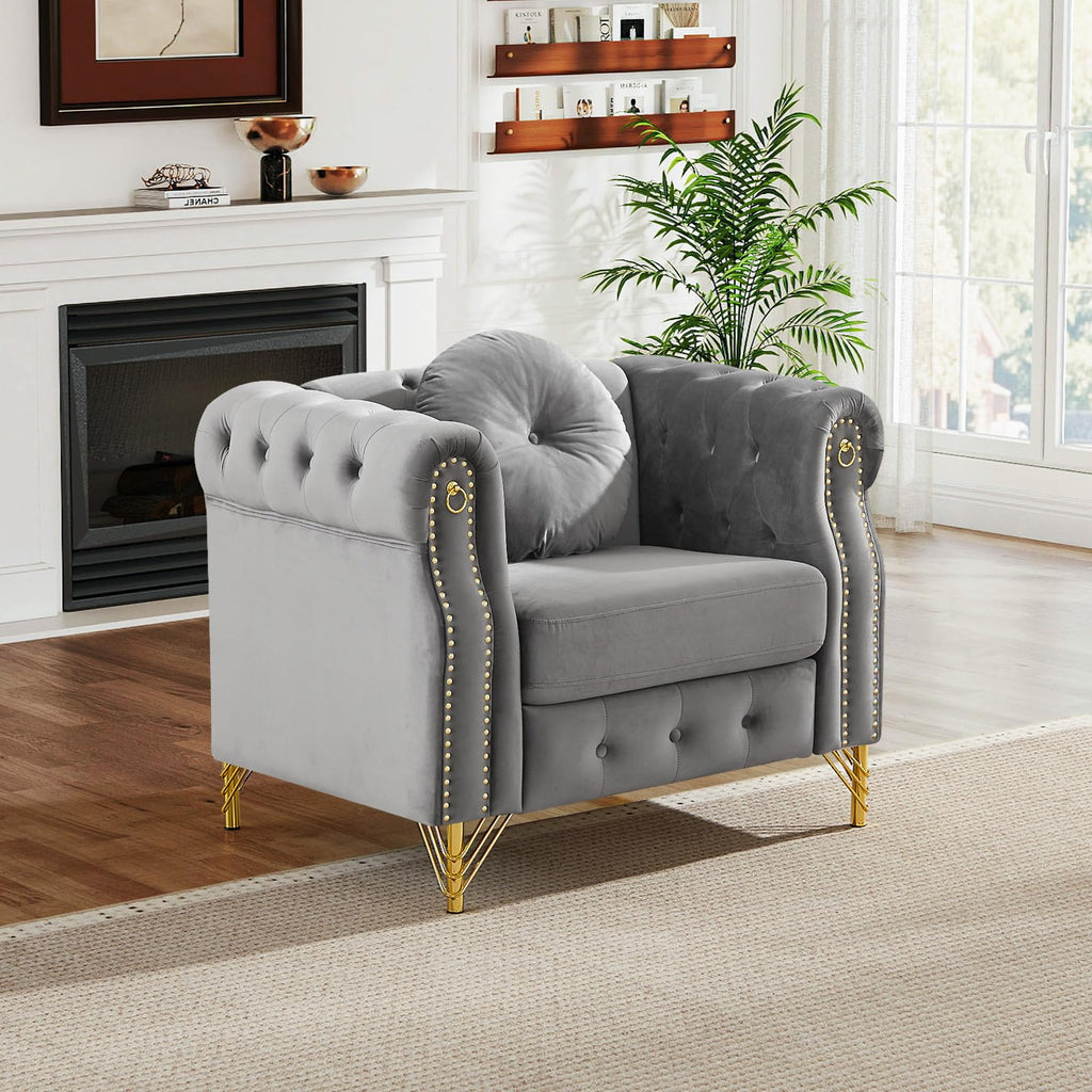3 Piece Chesterfield Sofa Set with Armrest Ring(37"W+60.5"W+82"W, Grey)