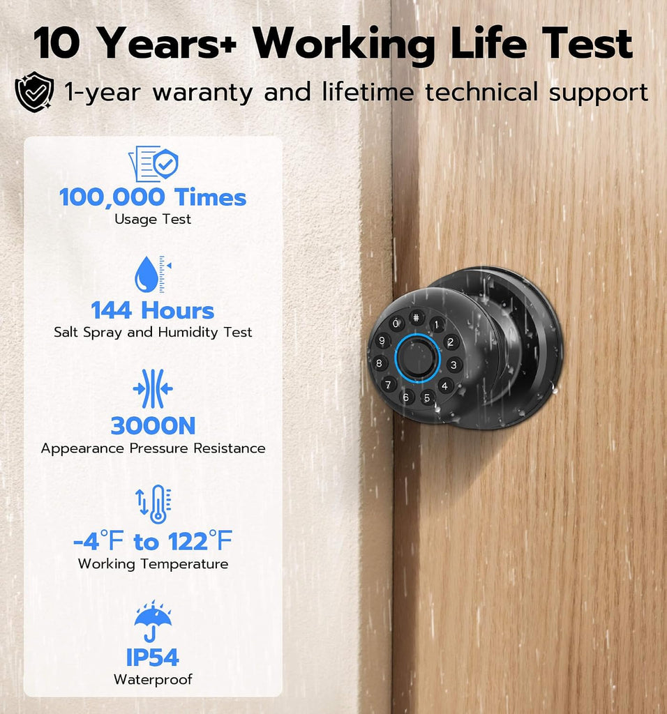 Smart Door Knob with Lock, Fingerprint Code Keypad Keyless Entry Electronic Digital Biometric Bluetooth App Control