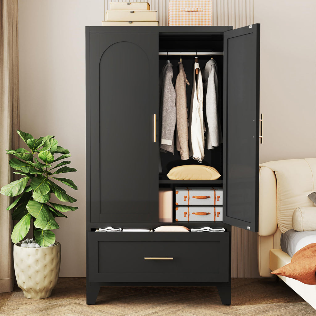 60" Tall Steel Wardrobe Closet with Hanging Rod, 2 Doors, Black