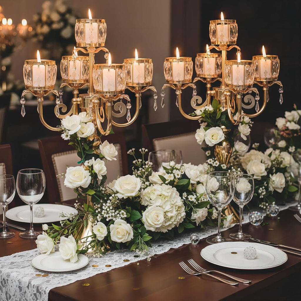 Tall Candle Holders - 2Pcs Gold Candelabra, Metal 5 Arm Candlesticks Party Wedding Aisle Home Decor (Gold x 2pcs)