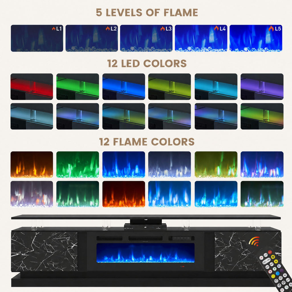 80" Modern Fireplace TV Stand Entertainment Center, Marble Black