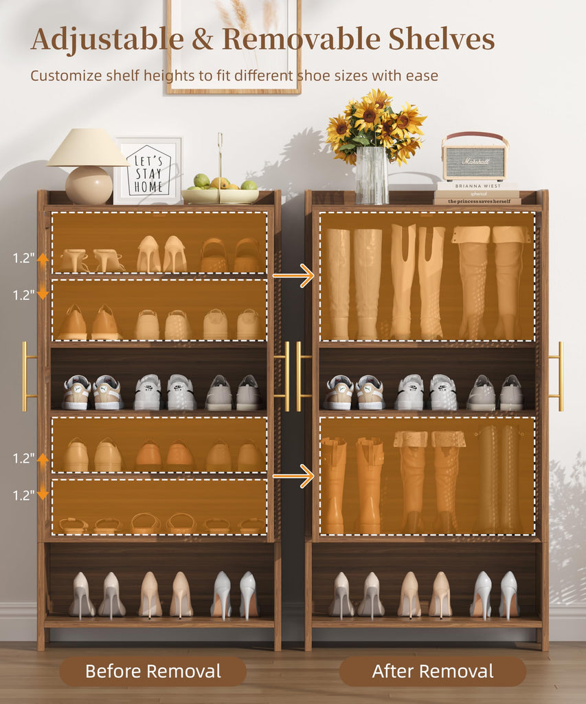 Rattan Shoe Cabinet with Doors & Adjustable Shelves, Walnut