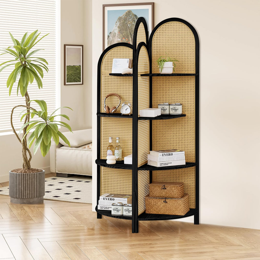 70" Arched Rattan Corner Shelf, 4-Tier 90° Corner Design, Black