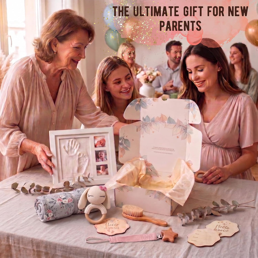 Baby Gift Basket - Newborn Gift Set 6 Pieces: Bamboo Blanket, Footprint Frame, Rattle, Comb, Pacifier Clip &
