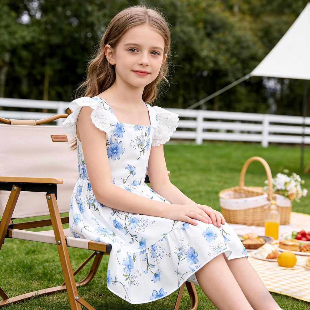 Girl A-Line Dress Summer Hollow Out Lace Sleeve Party Sundress Kids Casual Ruffle Hem Outfit Clothes 18Month
