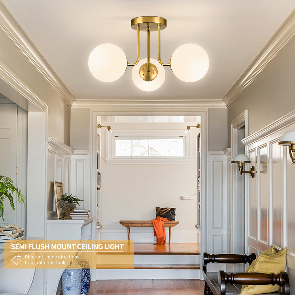 3-Light Semi Flush Mount Ceiling Light Globe Ceiling Light Mid Century Ceiling Light with Opal Milk Glass Globe &