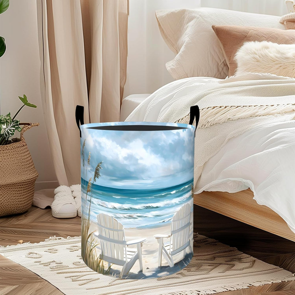 Coastal Laundry Basket, Oxford Cloth Nature Peaceful Dirty Clothes Collapsible Hamper for Room Decor, Ocean Beach and