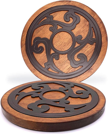 Cast Iron with Wood Trivets, Wooden Trivets for Hot Dishes, 8-inch Round Kitchen Hot Pads for Table - Set of 2