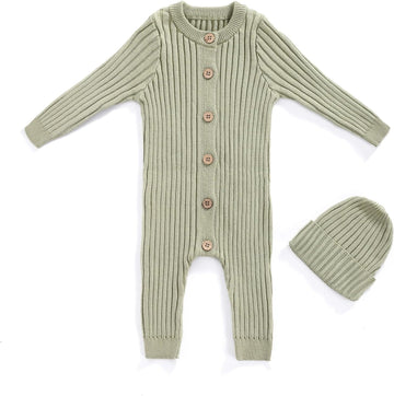 Cotton Knit Baby Romper Set Ribbed Newborn Outfit Clothes With Hat