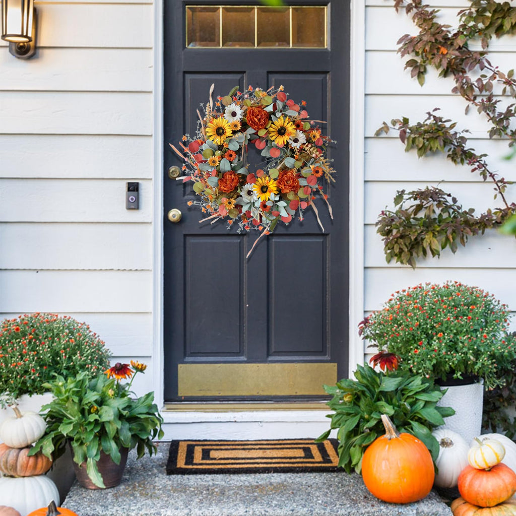 22 inch Artificial Autumn Peony Daisy Wreath Multiple Leaf Wreath