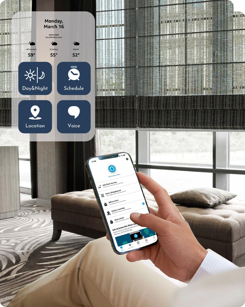 Smart Natural Roman Shades Compatible with Alexa Google Rechargeable Light Filtering Motorized Blinds with Remote