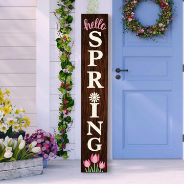 Hello Spring Wooden Porch Sign 47" Tulip Large Welcome Sign Vertical Indoor Outdoor Standing Sign For Garden Home