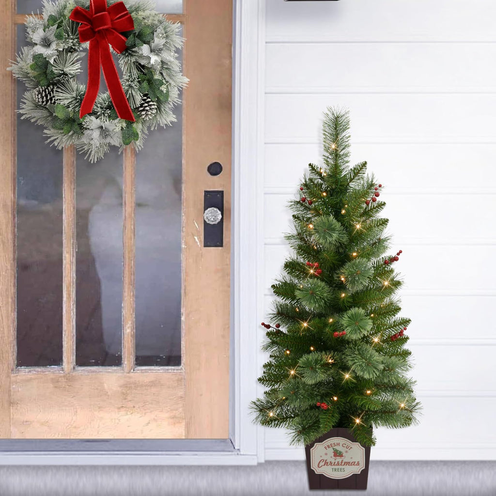 International Set of 2 Artificial Cashmere Pre-Lit Battery-Operated Potted Christmas Trees with Berries