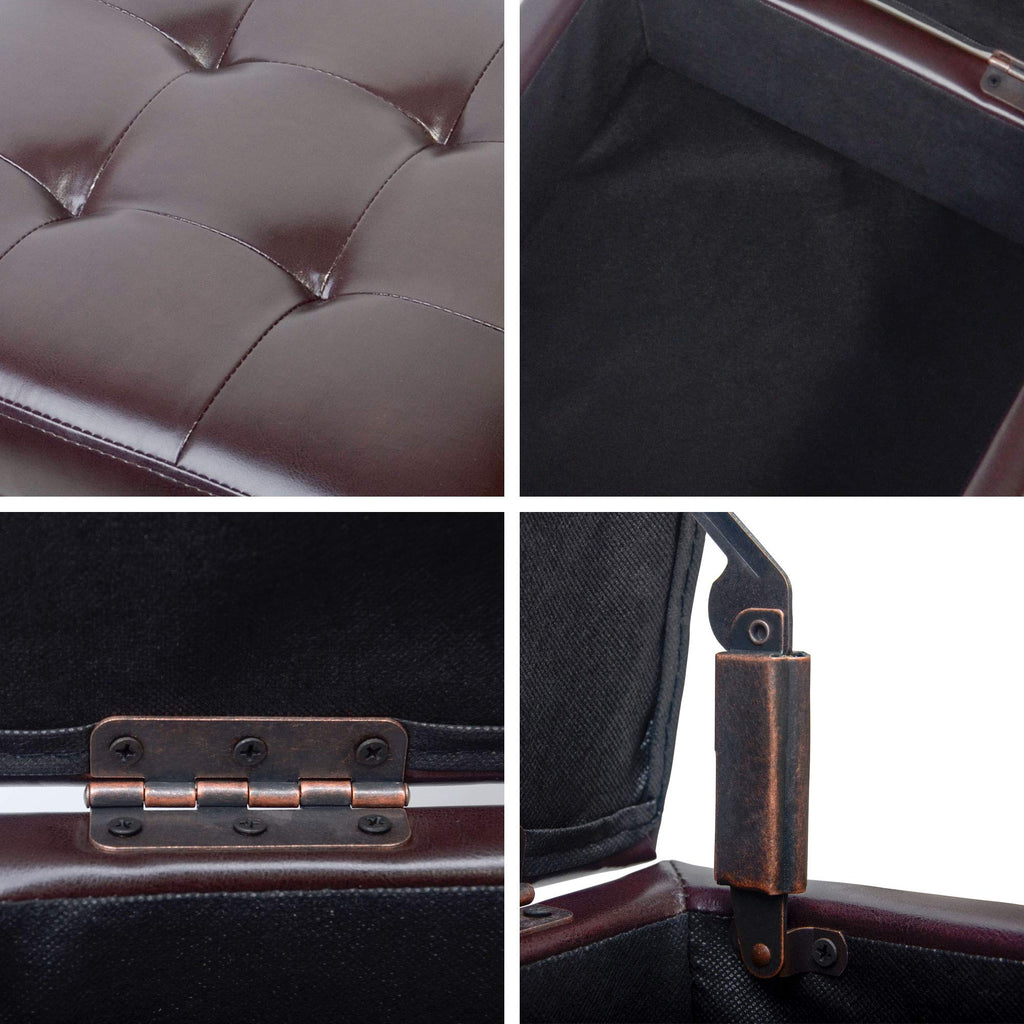 Tufted Leather Square Flip Top Storage Ottoman Cube Foot Rest (Brown with Storage)