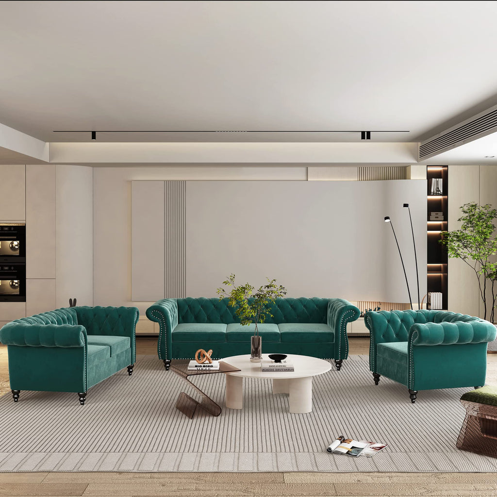 Accent Large Sofa, Chesterfield Couch 3 Seater Modern Velvet Couch Upholstered Sofa with Tufted Back Furniture (Green)