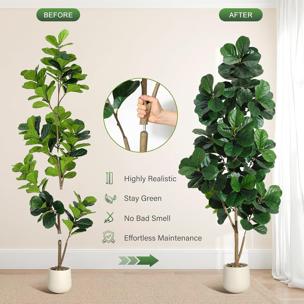 7 ft Fiddle Leaf Fig Tree Artificial with 141 Leaves - Realistic Faux Ficus Lyrata Trees in 9 in White Planter Pot