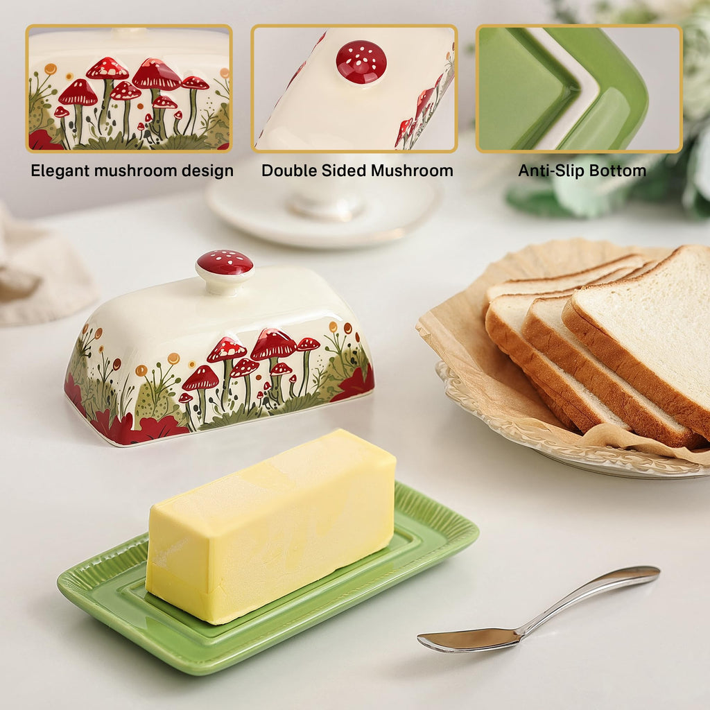 Ceramic Butter Dish with Lids - Mushroom Butter Containers, White