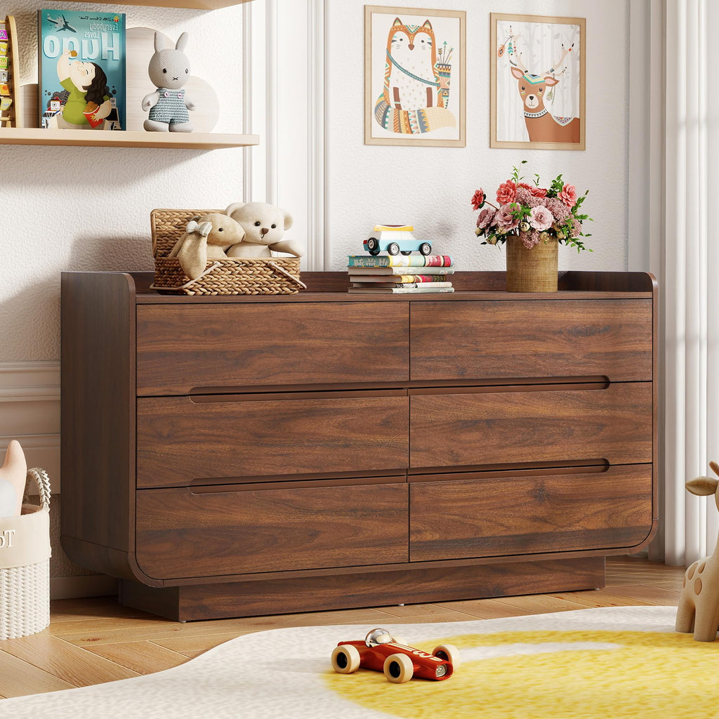 Curved 6 Drawer Dresser, Modern 53-Inch Chest of Drawers, Wood Storage Dresser Organizers with Hidden Handles, 6