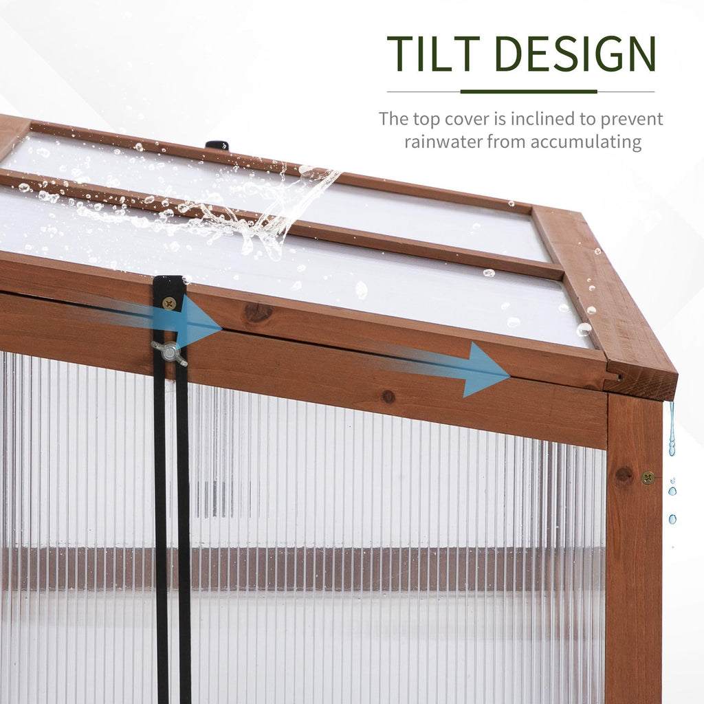 Wooden Framed Polycarbonate Cold Frame Greenhouse for Plants Outdoor with Openable & Tilted Top Cover, PC Board