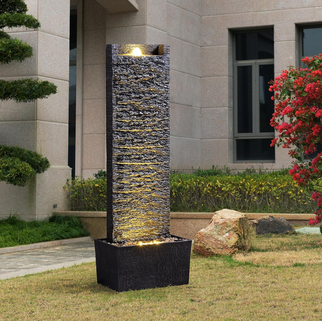 Water Fountain Outdoor, Floor Standing LED Illuminated Water Flow Elegant Water Fountain Pump 38.5" with Pebble Base