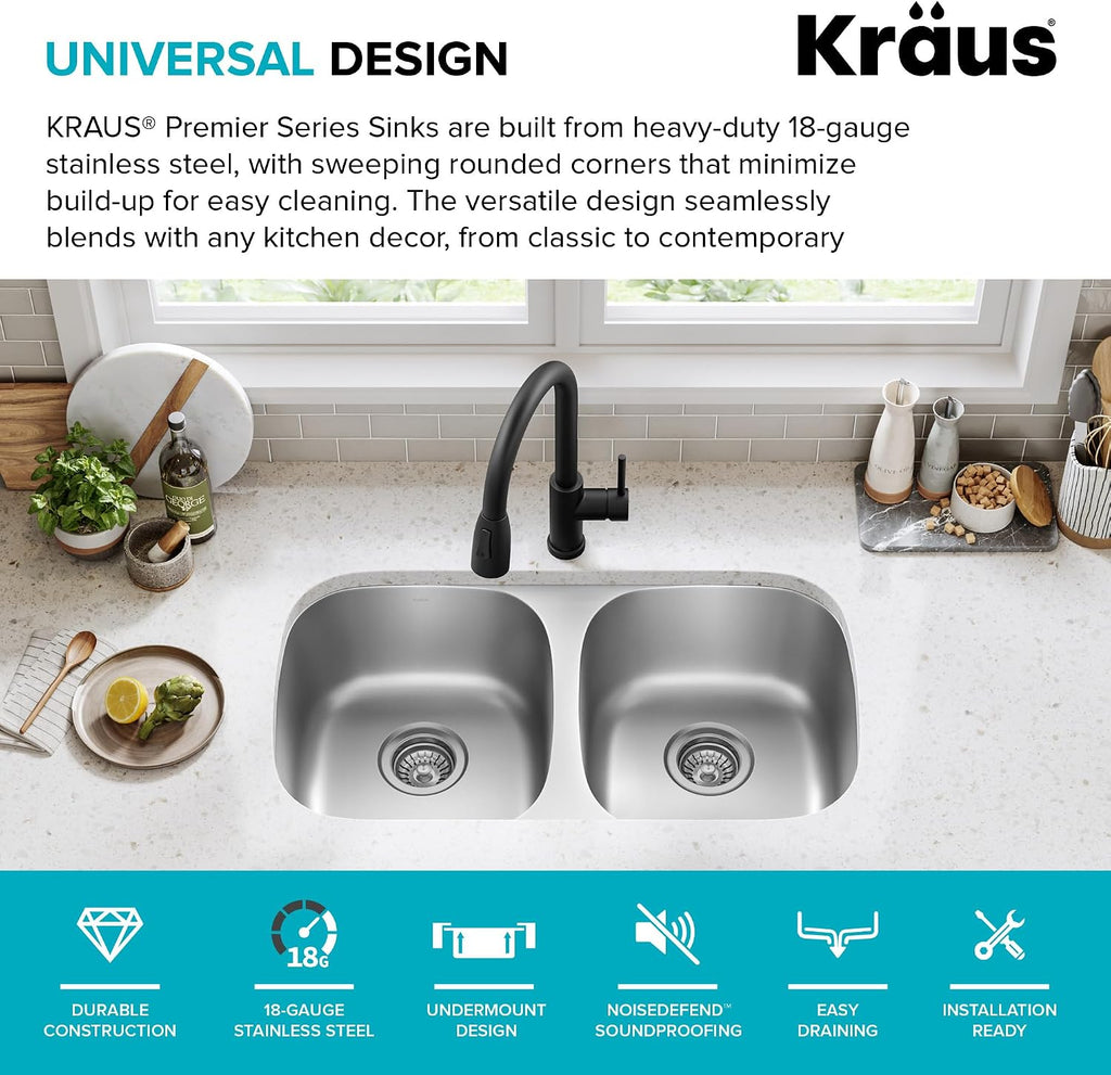 Premier 32-inch Undermount 50/50 Double Bowl 18-Gauge Stainless Steel Kitchen Sink with Strainers (x2), KBU22