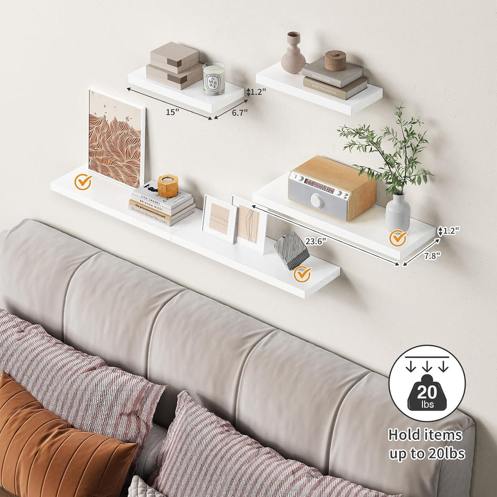 24 Inch Floating Shelves for Wall Decor, White Wall Book Shelves , Large Long Deep Hanging Shelves Office Laundry