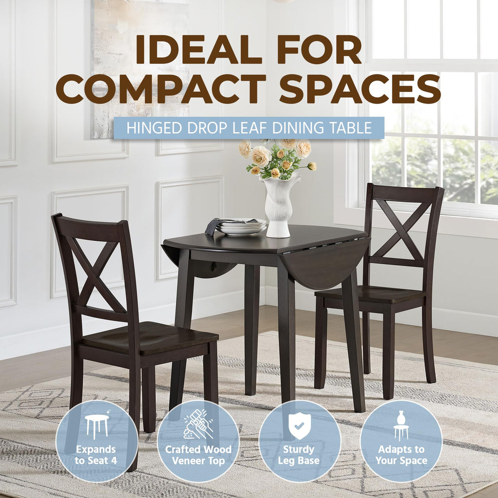 Hinged Drop Leaf Dining Table, 22-36" Round Tabletop, Dark Brown