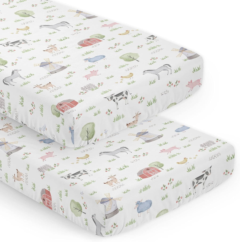 2-Piece Baby Crib Sheets Set (Farm Animals) for Boys or Girls, Infant Nursery, Toddler Room - Standard Size (Neutral