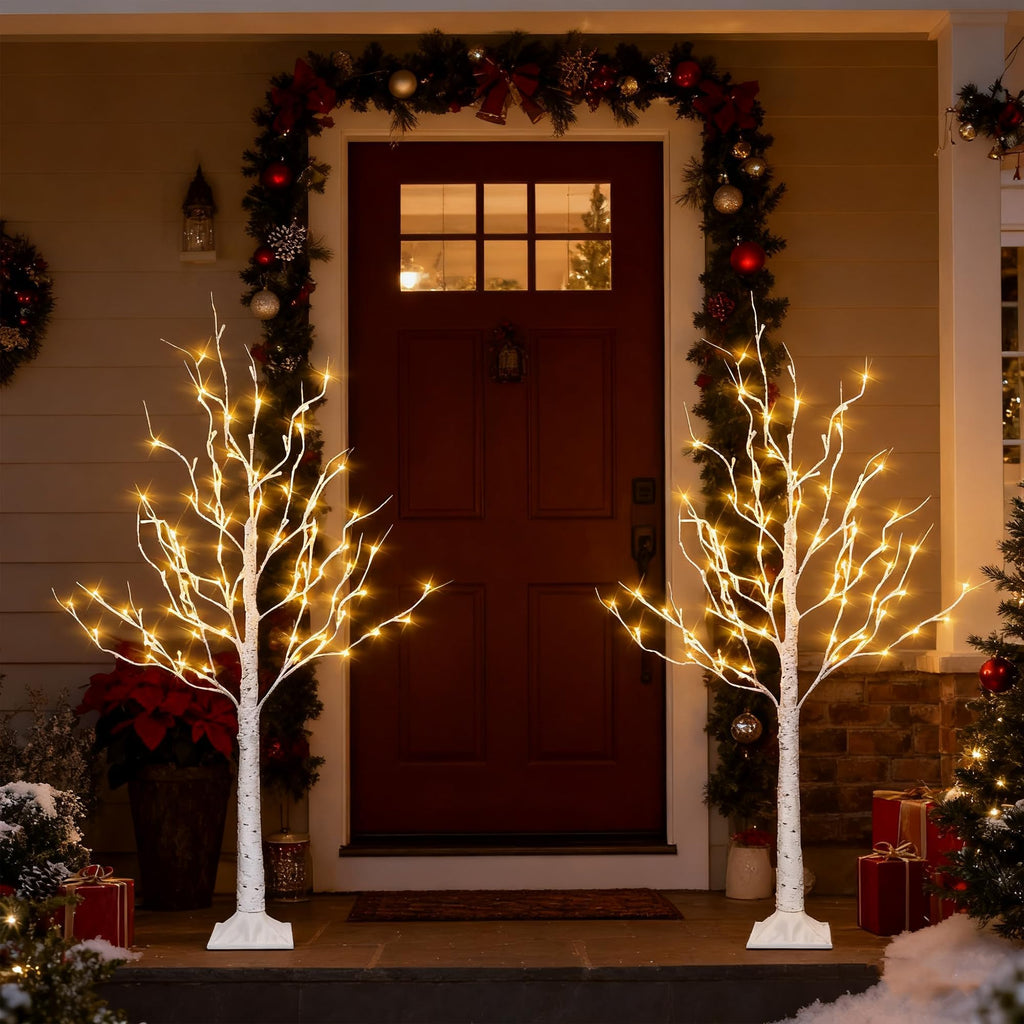 2 Pack Lighted Birch Tree, 4 FT Total 96 LED Pre-lit Artificial Christmas Tree with Timer, Christmas Decorations