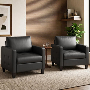 Black Accent Chairs, Faux Leather Living Room Chair - Set of 2