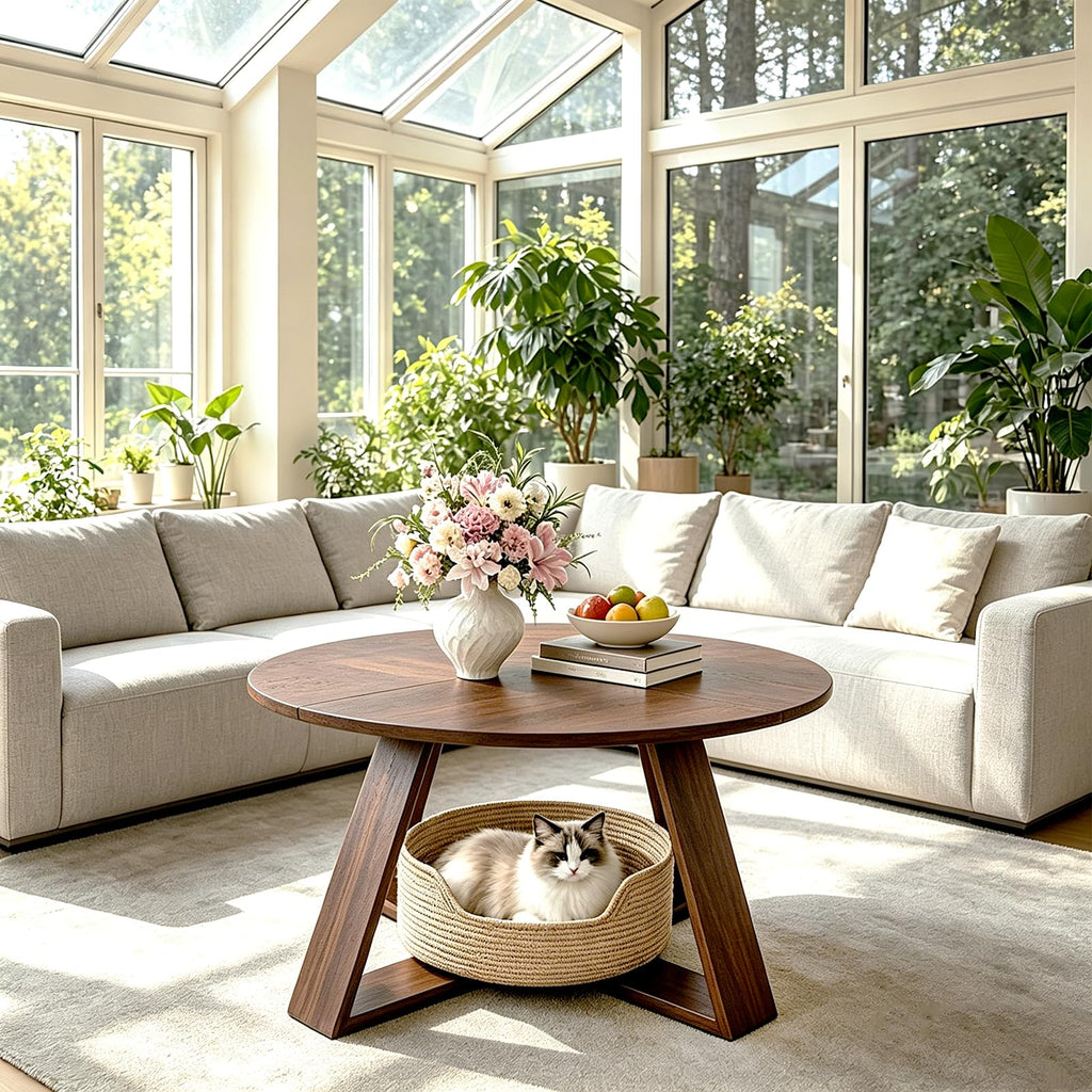 Round Coffee Table with Open Storage -Walnut Wood