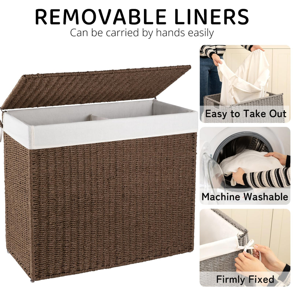 Laundry Hamper with Lid, 140L(35.7 Gal) Large Wicker Laundry Basket , Handwoven Paper Rope Clothes Hamper with