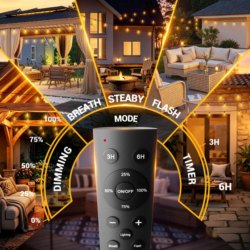 Outdoor String Lights with Remote, Waterproof Patio Lights with 72+2 Shatterproof LED Bulbs, Dimmable Hanging